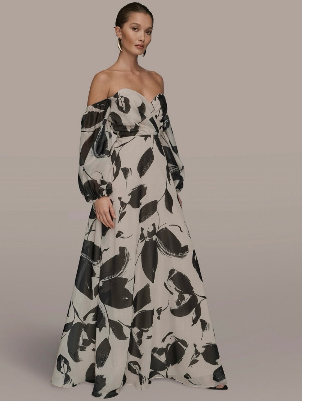 Donna Karan Black and White Strapless Floral Maxi Dress
